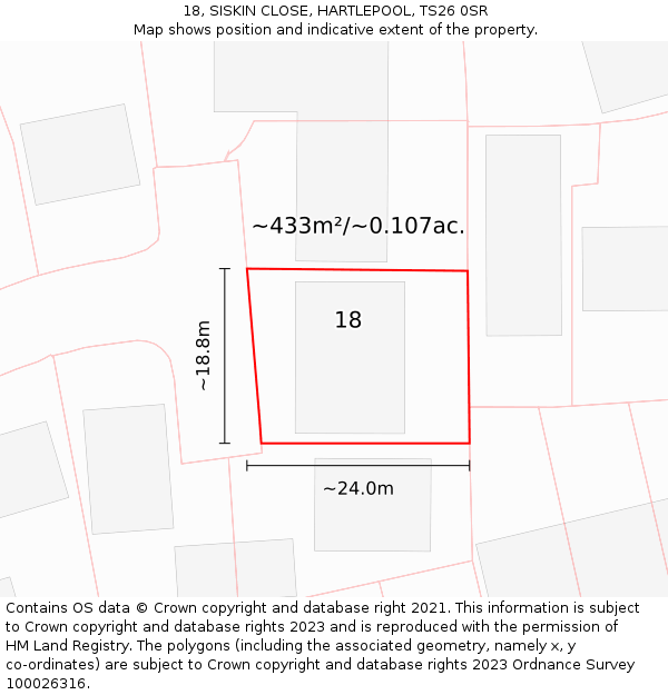 18, SISKIN CLOSE, HARTLEPOOL, TS26 0SR: Plot and title map
