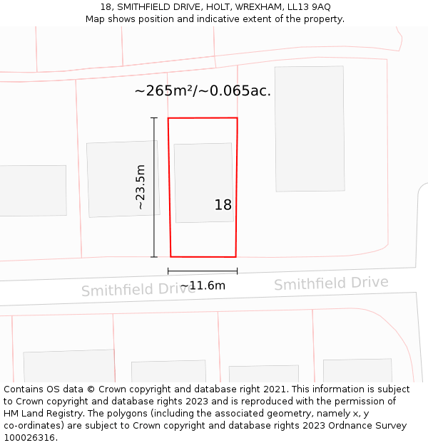 18, SMITHFIELD DRIVE, HOLT, WREXHAM, LL13 9AQ: Plot and title map
