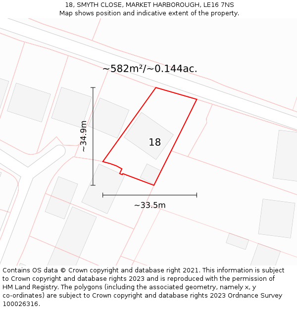 18, SMYTH CLOSE, MARKET HARBOROUGH, LE16 7NS: Plot and title map