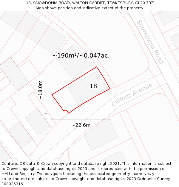 18, SNOWDONIA ROAD, WALTON CARDIFF, TEWKESBURY, GL20 7RZ: Plot and title map