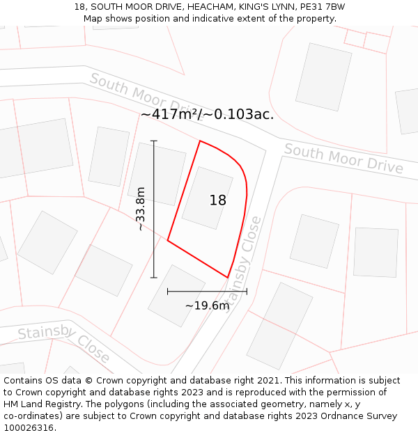 18, SOUTH MOOR DRIVE, HEACHAM, KING'S LYNN, PE31 7BW: Plot and title map