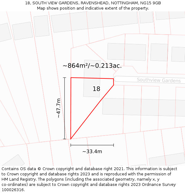 18, SOUTH VIEW GARDENS, RAVENSHEAD, NOTTINGHAM, NG15 9GB: Plot and title map