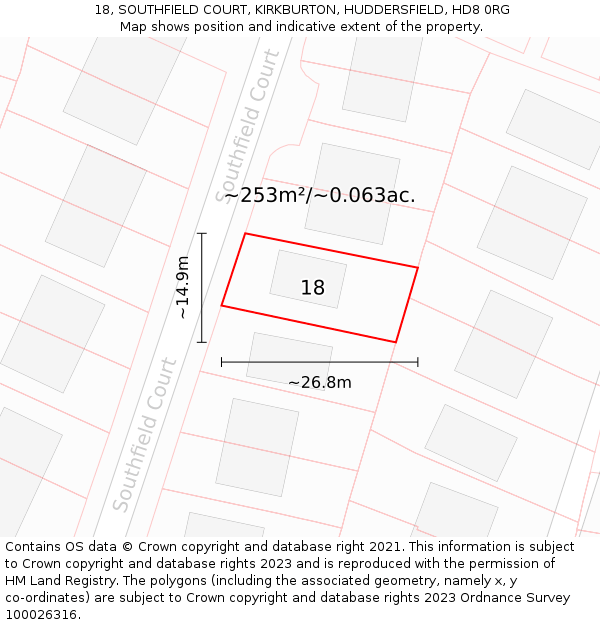 18, SOUTHFIELD COURT, KIRKBURTON, HUDDERSFIELD, HD8 0RG: Plot and title map
