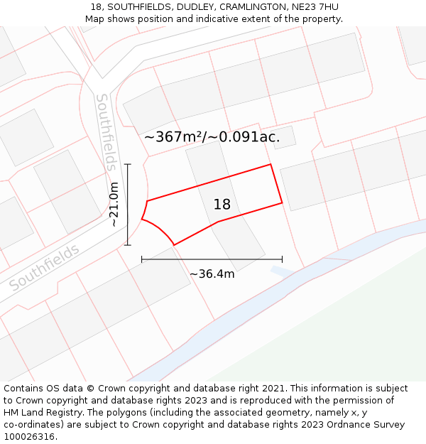 18, SOUTHFIELDS, DUDLEY, CRAMLINGTON, NE23 7HU: Plot and title map