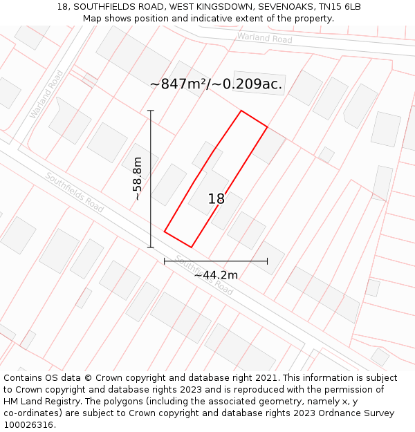 18, SOUTHFIELDS ROAD, WEST KINGSDOWN, SEVENOAKS, TN15 6LB: Plot and title map