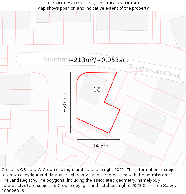 18, SOUTHMOOR CLOSE, DARLINGTON, DL1 4RT: Plot and title map