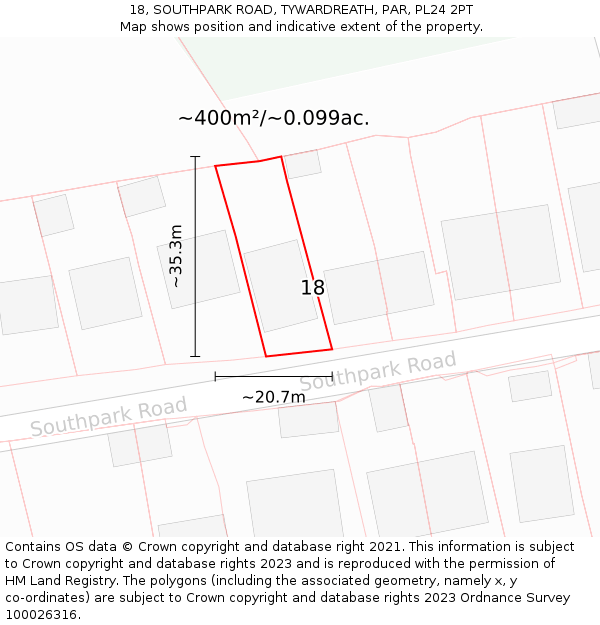 18, SOUTHPARK ROAD, TYWARDREATH, PAR, PL24 2PT: Plot and title map