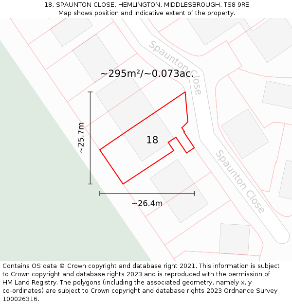 18, SPAUNTON CLOSE, HEMLINGTON, MIDDLESBROUGH, TS8 9RE: Plot and title map