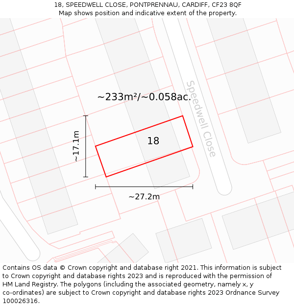 18, SPEEDWELL CLOSE, PONTPRENNAU, CARDIFF, CF23 8QF: Plot and title map