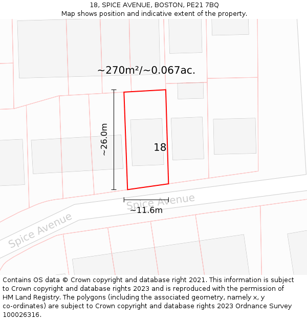 18, SPICE AVENUE, BOSTON, PE21 7BQ: Plot and title map