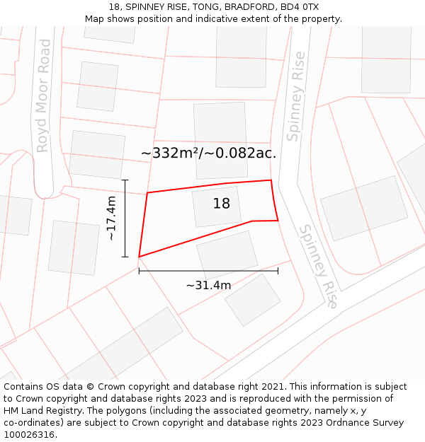 18, SPINNEY RISE, TONG, BRADFORD, BD4 0TX: Plot and title map