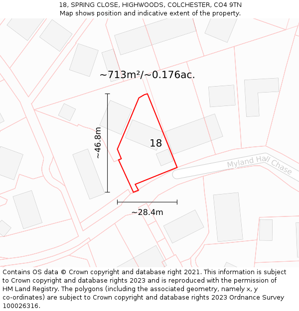 18, SPRING CLOSE, HIGHWOODS, COLCHESTER, CO4 9TN: Plot and title map