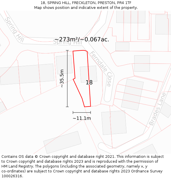 18, SPRING HILL, FRECKLETON, PRESTON, PR4 1TF: Plot and title map