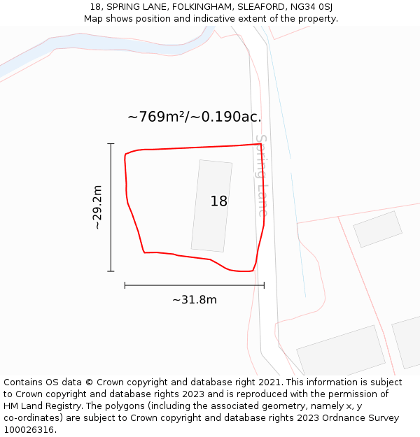 18, SPRING LANE, FOLKINGHAM, SLEAFORD, NG34 0SJ: Plot and title map