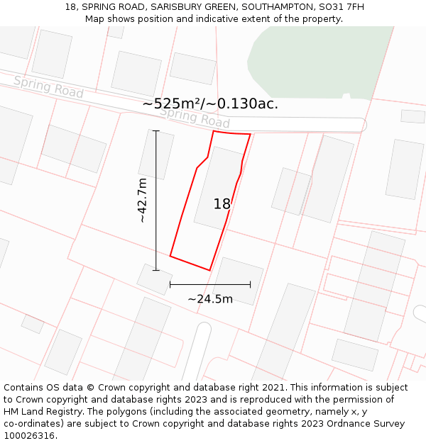 18, SPRING ROAD, SARISBURY GREEN, SOUTHAMPTON, SO31 7FH: Plot and title map