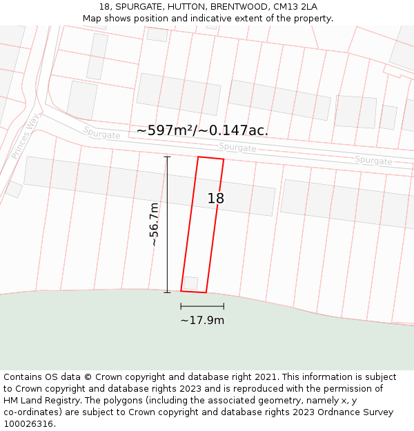 18, SPURGATE, HUTTON, BRENTWOOD, CM13 2LA: Plot and title map