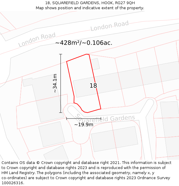 18, SQUAREFIELD GARDENS, HOOK, RG27 9QH: Plot and title map