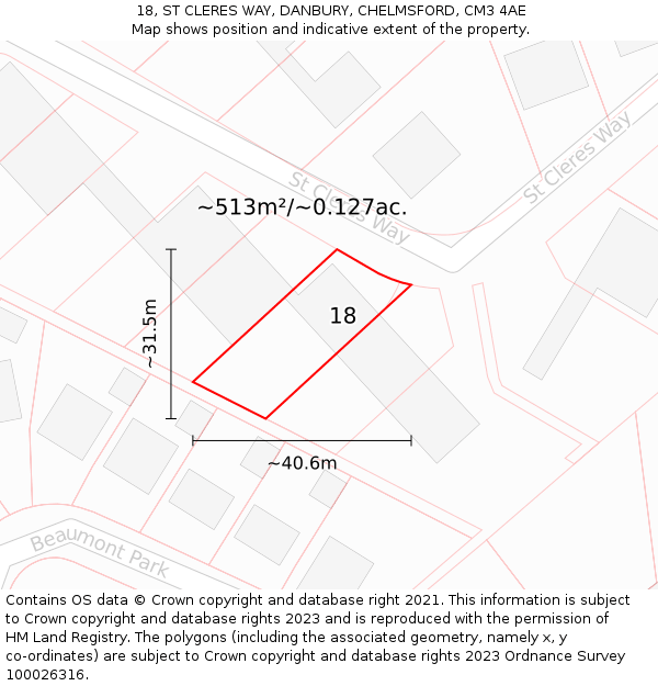 18, ST CLERES WAY, DANBURY, CHELMSFORD, CM3 4AE: Plot and title map
