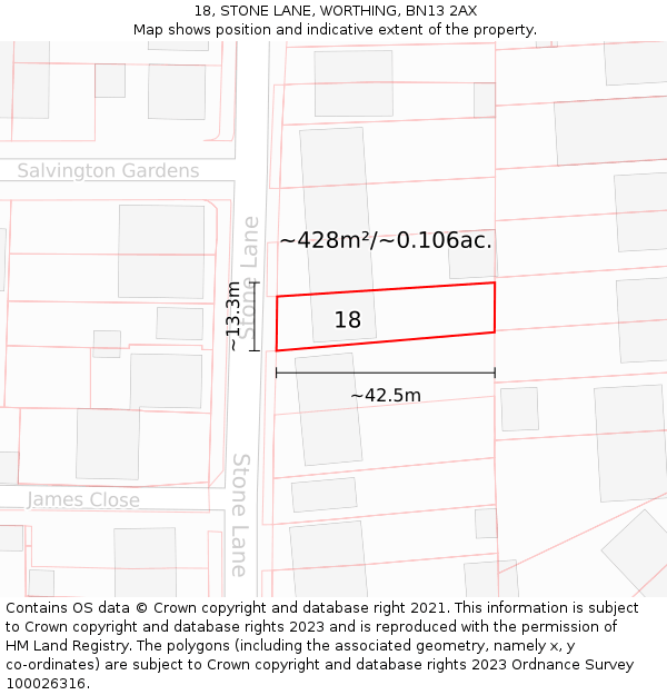 18, STONE LANE, WORTHING, BN13 2AX: Plot and title map