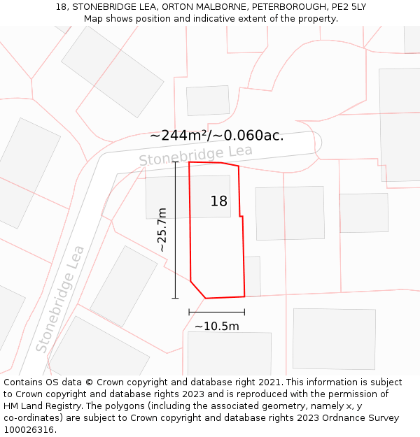 18, STONEBRIDGE LEA, ORTON MALBORNE, PETERBOROUGH, PE2 5LY: Plot and title map