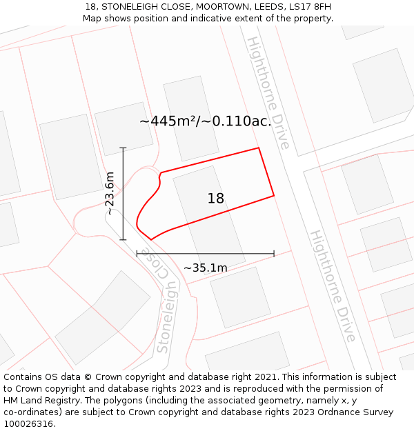 18, STONELEIGH CLOSE, MOORTOWN, LEEDS, LS17 8FH: Plot and title map