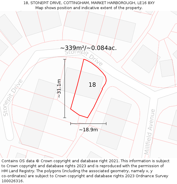 18, STONEPIT DRIVE, COTTINGHAM, MARKET HARBOROUGH, LE16 8XY: Plot and title map