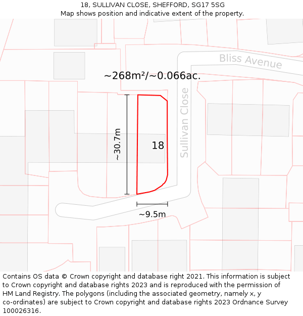 18, SULLIVAN CLOSE, SHEFFORD, SG17 5SG: Plot and title map
