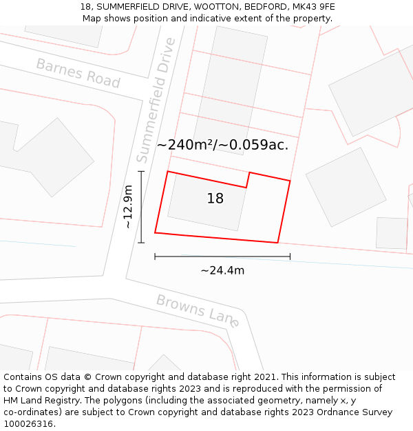 18, SUMMERFIELD DRIVE, WOOTTON, BEDFORD, MK43 9FE: Plot and title map