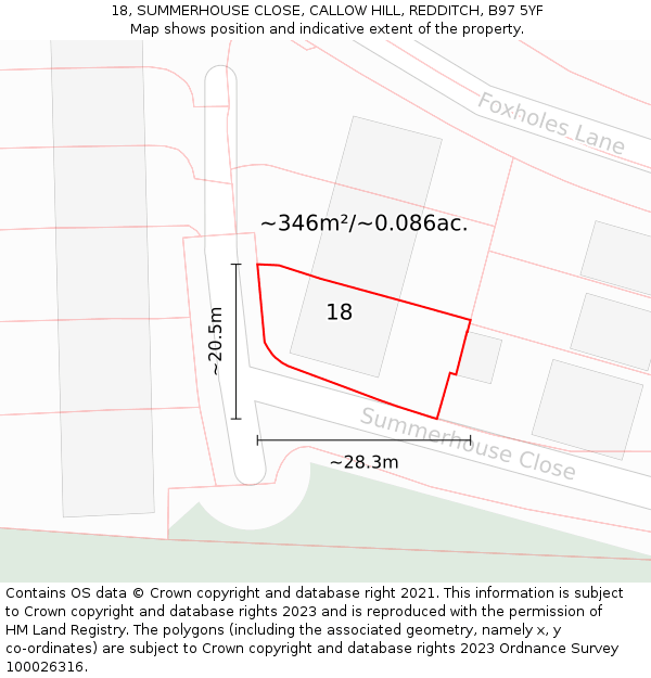 18, SUMMERHOUSE CLOSE, CALLOW HILL, REDDITCH, B97 5YF: Plot and title map