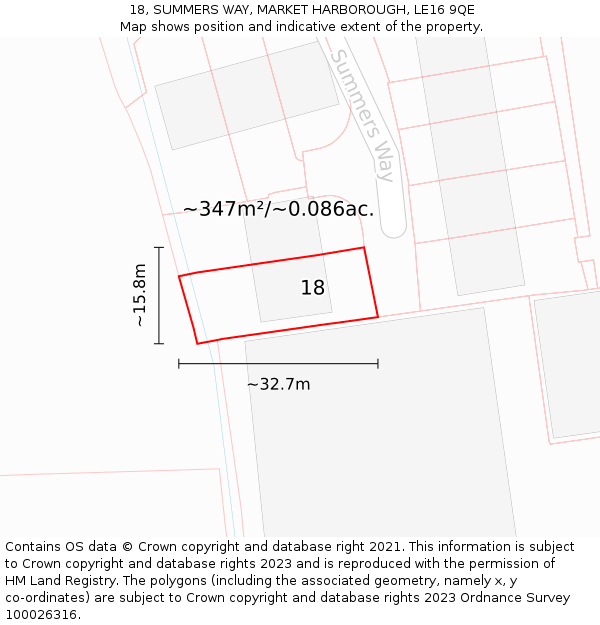 18, SUMMERS WAY, MARKET HARBOROUGH, LE16 9QE: Plot and title map