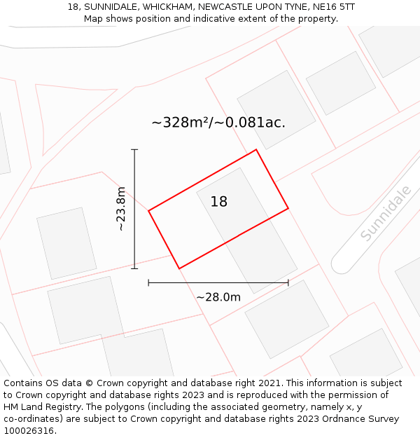 18, SUNNIDALE, WHICKHAM, NEWCASTLE UPON TYNE, NE16 5TT: Plot and title map