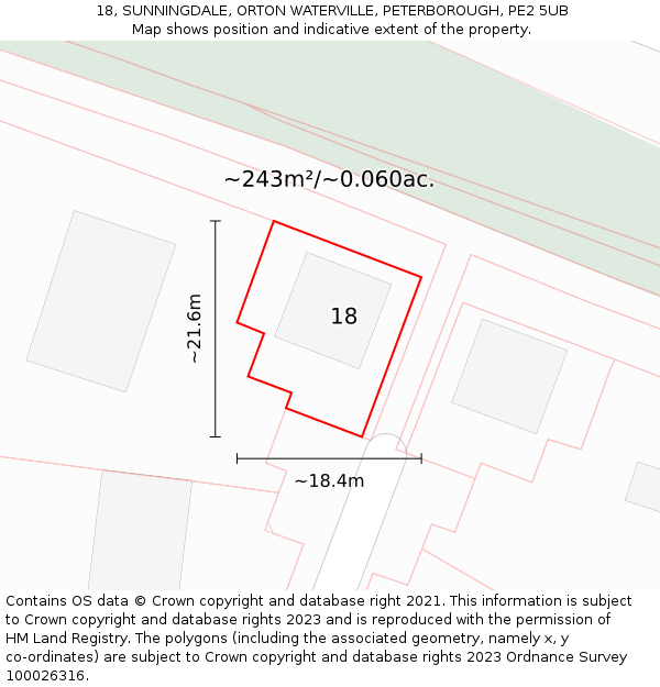 18, SUNNINGDALE, ORTON WATERVILLE, PETERBOROUGH, PE2 5UB: Plot and title map