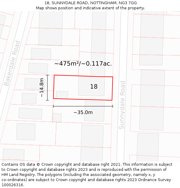 18, SUNNYDALE ROAD, NOTTINGHAM, NG3 7GG: Plot and title map