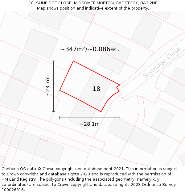 18, SUNRIDGE CLOSE, MIDSOMER NORTON, RADSTOCK, BA3 2NF: Plot and title map