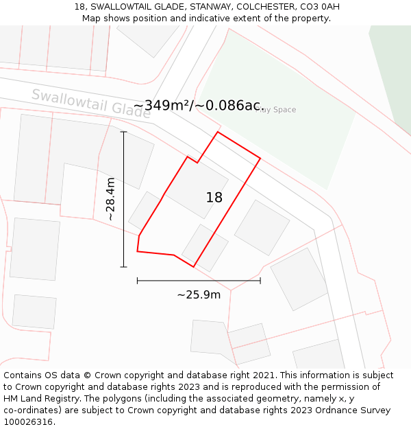 18, SWALLOWTAIL GLADE, STANWAY, COLCHESTER, CO3 0AH: Plot and title map