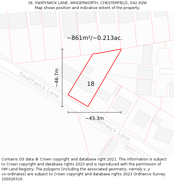 18, SWATHWICK LANE, WINGERWORTH, CHESTERFIELD, S42 6QW: Plot and title map