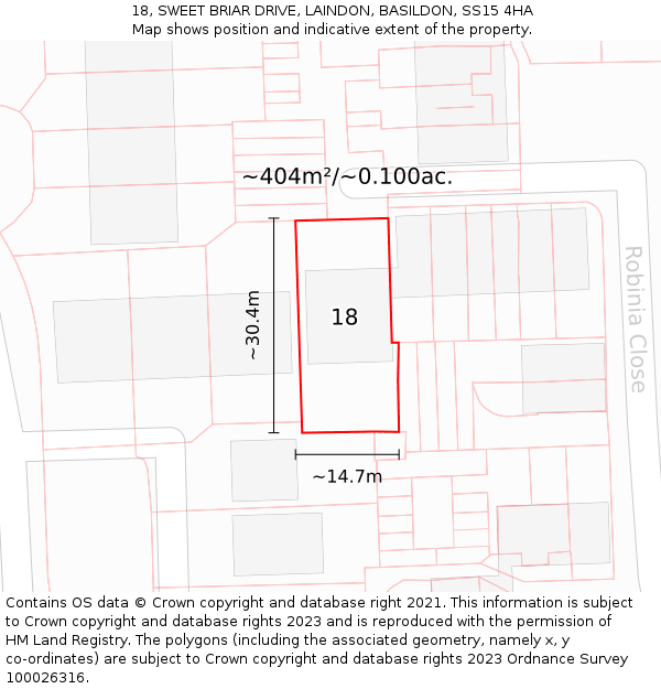 18, SWEET BRIAR DRIVE, LAINDON, BASILDON, SS15 4HA: Plot and title map