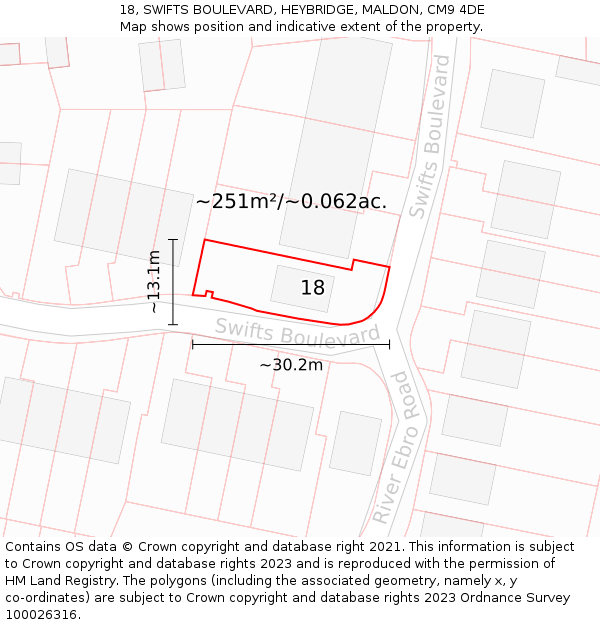 18, SWIFTS BOULEVARD, HEYBRIDGE, MALDON, CM9 4DE: Plot and title map