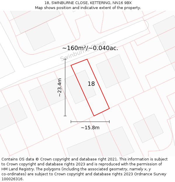 18, SWINBURNE CLOSE, KETTERING, NN16 9BX: Plot and title map