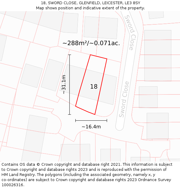 18, SWORD CLOSE, GLENFIELD, LEICESTER, LE3 8SY: Plot and title map