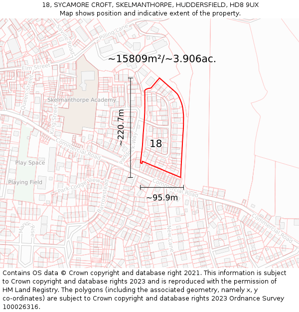 18, SYCAMORE CROFT, SKELMANTHORPE, HUDDERSFIELD, HD8 9UX: Plot and title map