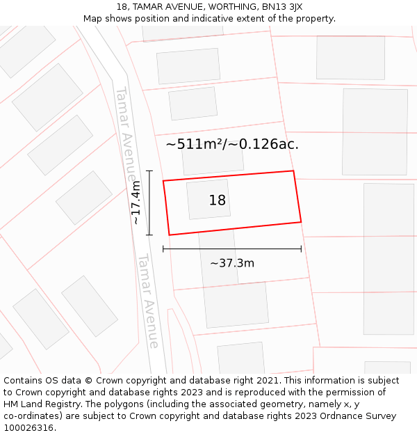18, TAMAR AVENUE, WORTHING, BN13 3JX: Plot and title map