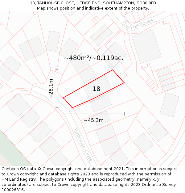 18, TANHOUSE CLOSE, HEDGE END, SOUTHAMPTON, SO30 0FB: Plot and title map