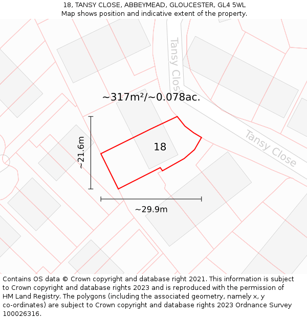 18, TANSY CLOSE, ABBEYMEAD, GLOUCESTER, GL4 5WL: Plot and title map
