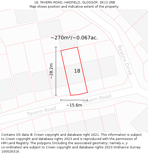 18, TAVERN ROAD, HADFIELD, GLOSSOP, SK13 2RB: Plot and title map