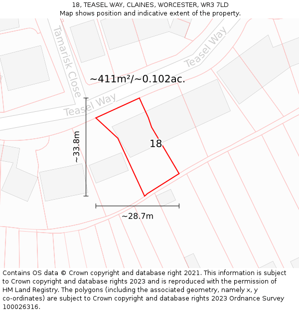 18, TEASEL WAY, CLAINES, WORCESTER, WR3 7LD: Plot and title map