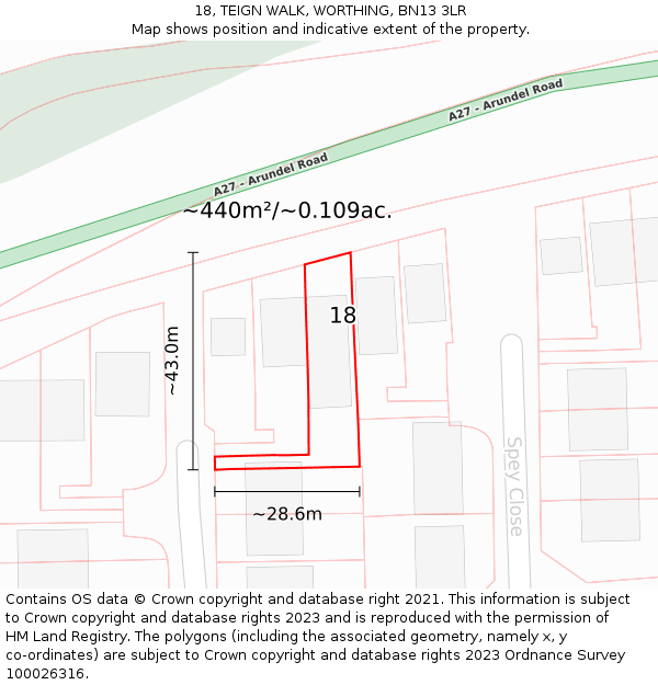 18, TEIGN WALK, WORTHING, BN13 3LR: Plot and title map