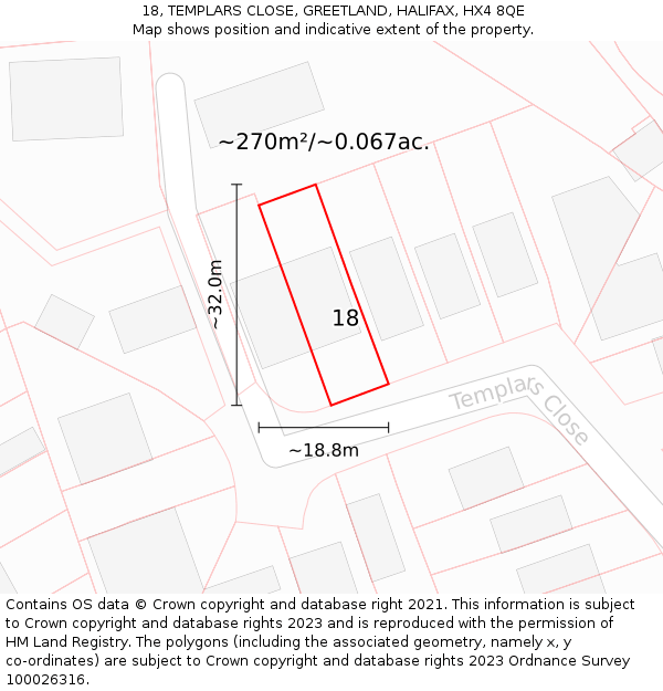18, TEMPLARS CLOSE, GREETLAND, HALIFAX, HX4 8QE: Plot and title map