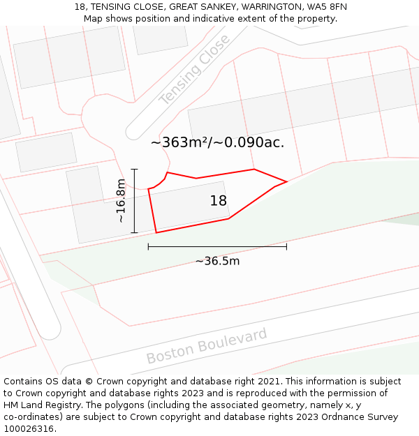 18, TENSING CLOSE, GREAT SANKEY, WARRINGTON, WA5 8FN: Plot and title map