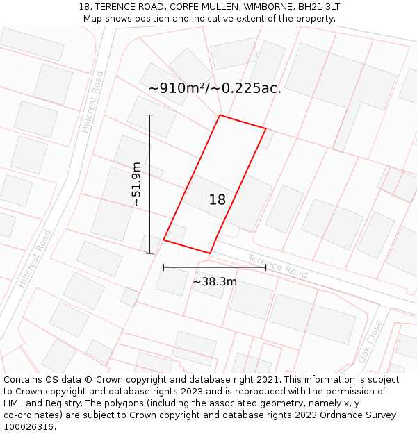 18, TERENCE ROAD, CORFE MULLEN, WIMBORNE, BH21 3LT: Plot and title map